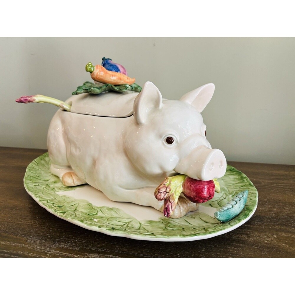 Fitz & Floyd Pig Soup Tureen Platter Ladle French Market 1983 Japan Rare